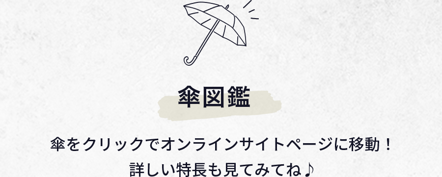 傘図鑑 傘をクリックでオンラインサイトページに移動！詳しい特徴もみてね♪